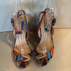 BCBGeneration Multicolor Aztec Print Ankle-Strap Heels